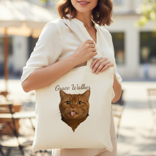 Funny Blep Cat Photo Personalised Name Canvas Tote Bag