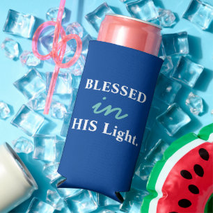 Funny "Blessed In HIS Light" Blue & White Seltzer Can Cooler