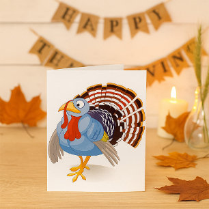 Funny Blue Cartoon Turkey with Patriotic Feathers  Card