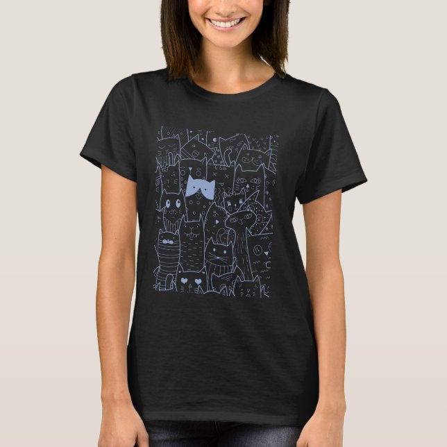 Funny Blue Cat Pattern T-Shirt (Front)