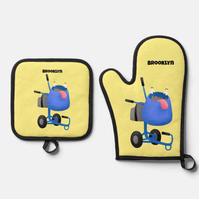 Funny blue cement mixer cartoon illustration  oven mitt & pot holder set (Front)