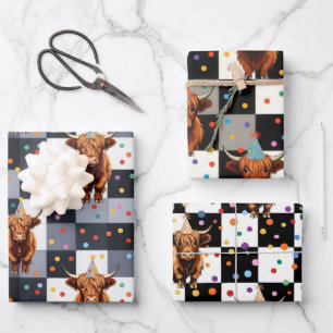 Funny Blue Checkered Highland Cow Birthday Wrapping Paper Sheet