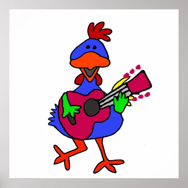 Funny Blue Chicken Playing Purple Guitar Poster (Front)
