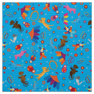 Funny blue circus cartoon animals pattern fabric