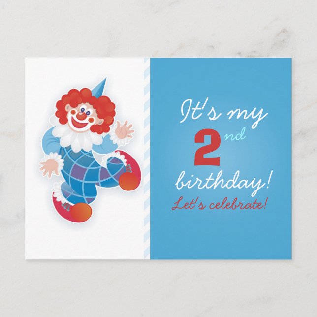funny blue clown birthday invitation postcard (Front)