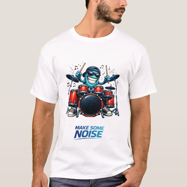 Funny Blue Drummer Character Music Illustration T-Shirt (Front)