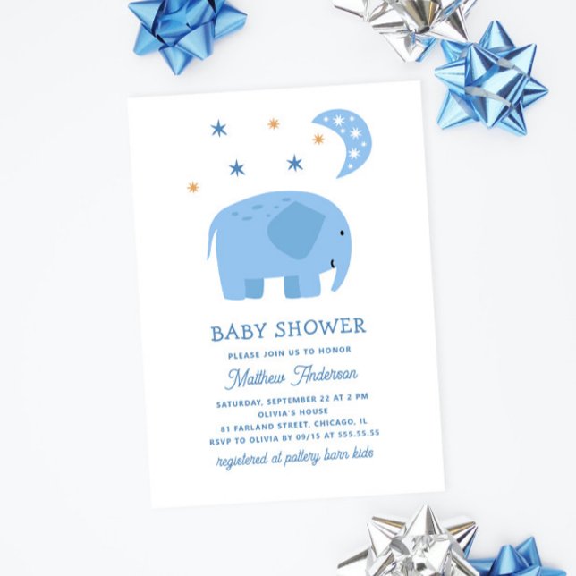 Funny blue elephant & moon. Cute boy baby shower Invitation (Creator Uploaded)
