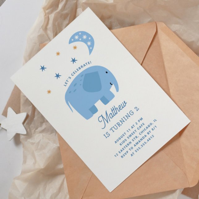Funny blue elephant & moon. Cute kids boy birthday Invitation (Creator Uploaded)