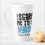 Funny blue girly nurse typography thank you modern latte mug<br><div class="desc">You can't scare me I'm a nurse modern blue funny typography thanks you gift. Show your nurse you care with this useful modern gift. With hand lettered modern fun script, and space for their name show you care with this thank you or good bye gift for your favourite nurse or...</div>