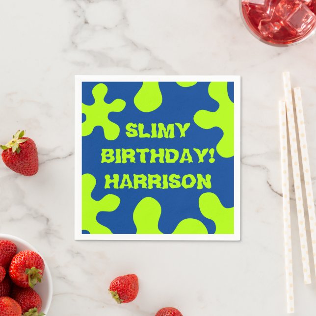 Funny blue green slime custom name birthday  napkin (Insitu)