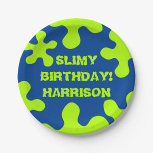Funny blue green slime custom name birthday paper plate