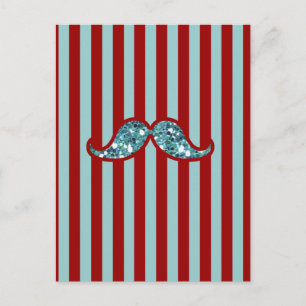 FUNNY BLUE MUSTACHE GLITTER RED STRIPES POSTCARD
