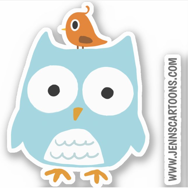 Funny Blue Owl and Cute Orange Bird Vinyl Sticker (Front)