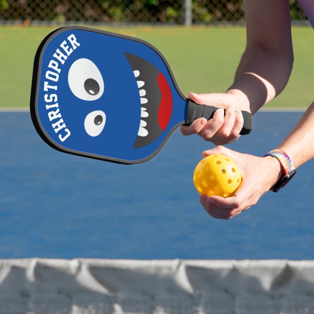Funny Blue Scary Face Novelty Personalised Name Pickleball Paddle (Insitu)