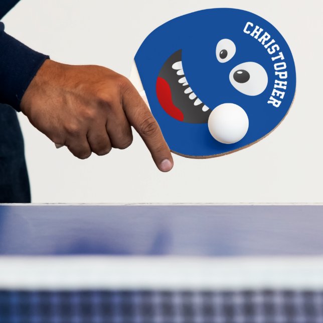 Funny Blue Scary Face Novelty Personalised Name Ping Pong Paddle (Insitu)