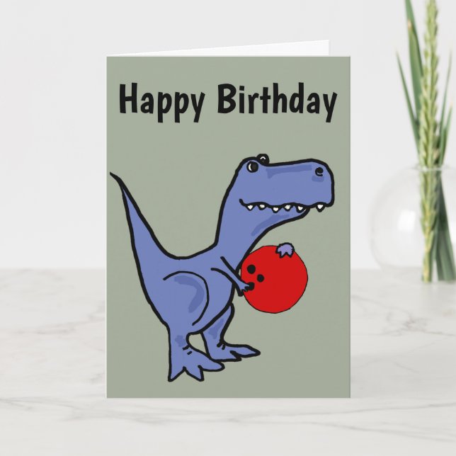 Funny Blue T-rex Dinosaur Bowling Cartoon Card (Front)