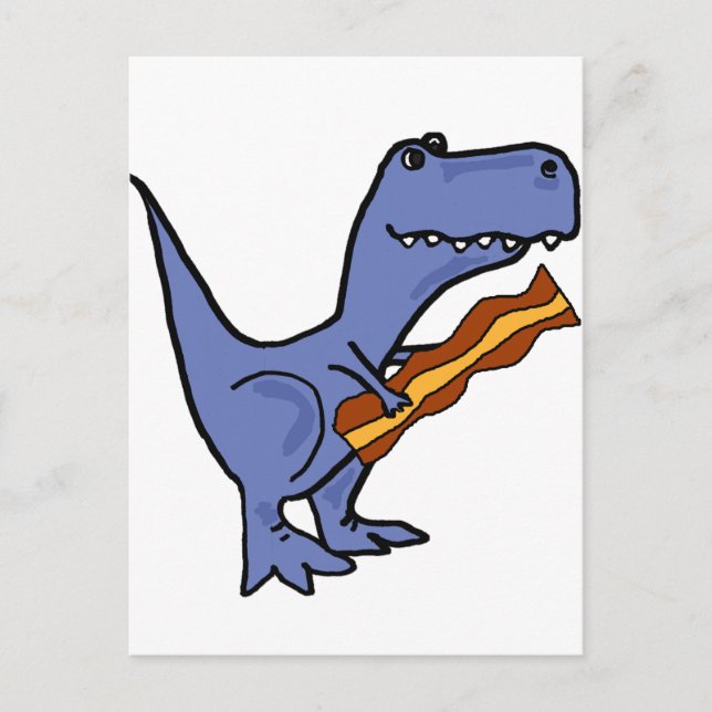 Funny Blue T-rex Dinosaur Eating Bacon Art Postcard (Front)