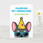 Funny Blue Tan French Bulldog Frenchie Birthday Ca Card<br><div class="desc">If you know someone who loves french bulldogs and has a good sense of humour, this funny frenchie birthday card is ideal for sending to them on their special day. The design features a cartoon-style illustration of a blue and tan coloured french bulldog wearing a party hat and sunglasses with...</div>