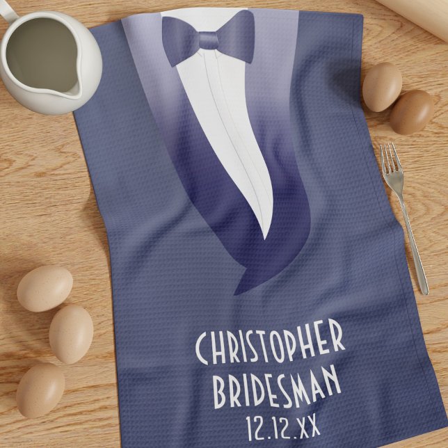 Funny Blue Tuxedo Wedding Bow Tie Kitchen Towel (Treat your Bridesman to this tuxedo kitchen towel. Just add his name and your wedding date. )