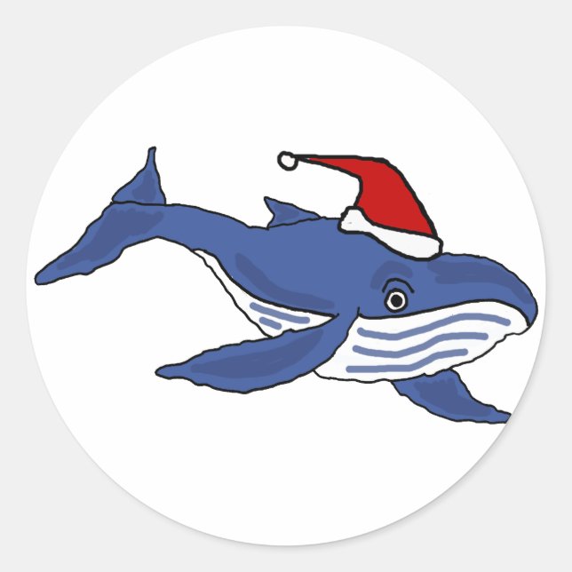 Funny Blue Whale in Santa hat Christmas Art Classic Round Sticker (Front)