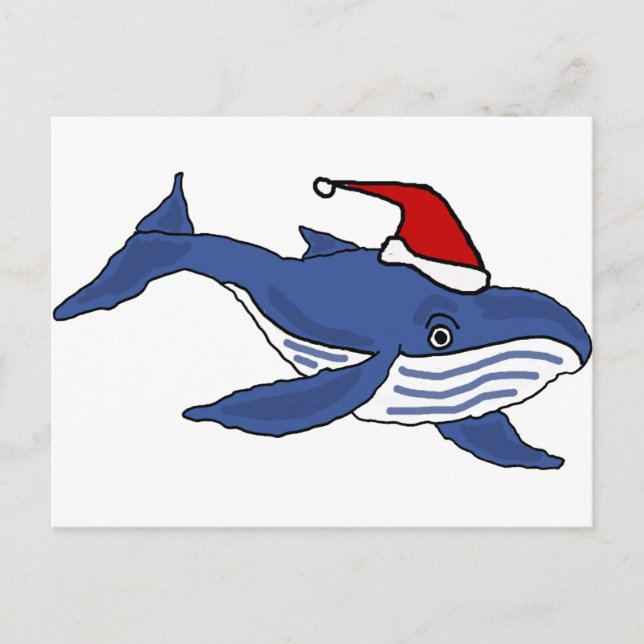 Funny Blue Whale in Santa hat Christmas Art Holiday Postcard (Front)