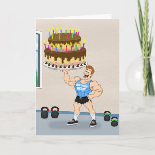 Funny Bodybuilder Birthday Cake Cartoon Card