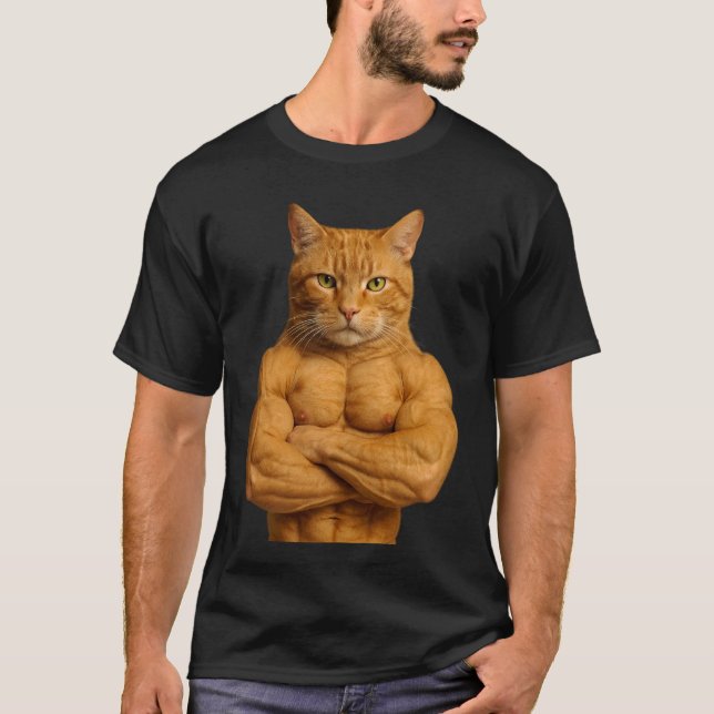 Funny Bodybuilder Ginger Cat T-Shirt (Front)