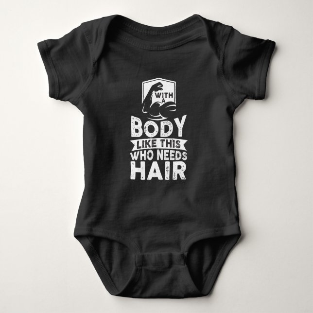 Funny Bodybuilder No Hair Bald Head Athlete Baby Bodysuit (Front)