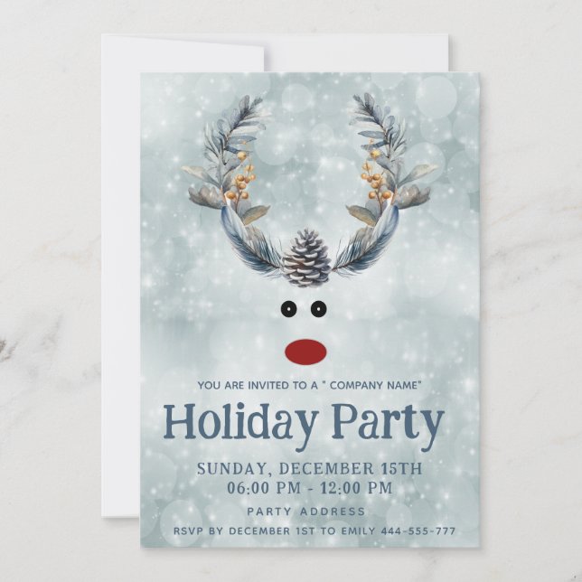 Funny boho pine cone reindeer holiday corporate invitation (Front)