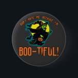Funny Boo-tiful Witch Products 6 Cm Round Badge<br><div class="desc">Funny! Don't hate me because I'm boo-tiful!  A hideously funny witch on a broomstick says it!  Spooky for Halloween!  Fully customisable too,  in case you want to add your own text,  change background colours,  or move elements around.  Make it yours,  make it unique,  make it scary!!</div>