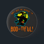 Funny Boo-tiful Witch Products 6 Cm Round Badge<br><div class="desc">Funny! Don't hate me because I'm boo-tiful!  A hideously funny witch on a broomstick says it!  Spooky for Halloween!  Fully customisable too,  in case you want to add your own text,  change background colours,  or move elements around.  Make it yours,  make it unique,  make it scary!!</div>