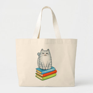 Funny Book Lover Bookworm Reading Kitty Cute Cat Large Tote Bag