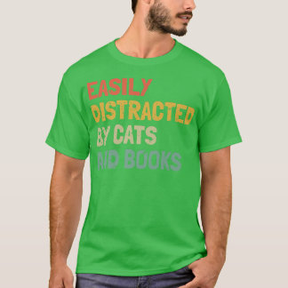 Funny Book Lover Easily Distracted By Cats And Boo T-Shirt