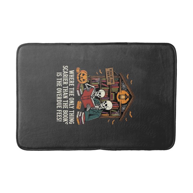 Funny Book Lover Halloween Skeleton Library Design Bath Mat (Front)