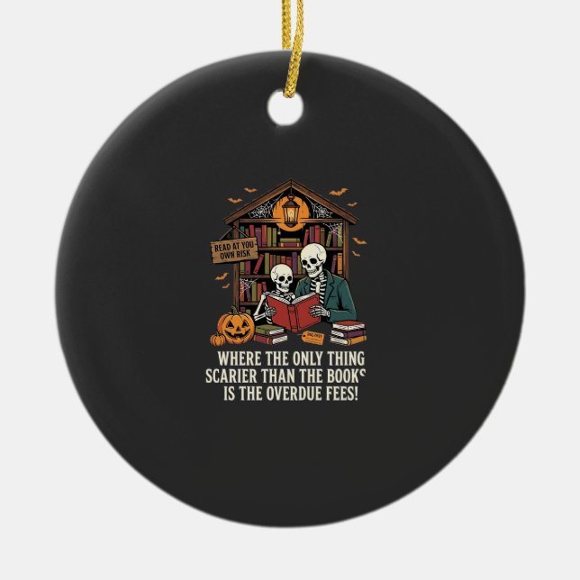 Funny Book Lover Halloween Skeleton Library Design Ceramic Tree Decoration (Front)