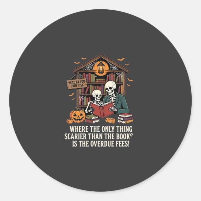 Funny Book Lover Halloween Skeleton Library Design Classic Round Sticker (Front)