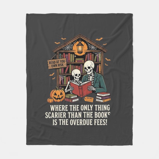Funny Book Lover Halloween Skeleton Library Design Fleece Blanket (Front)