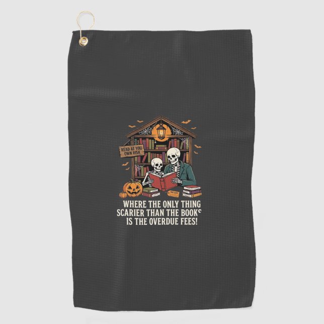 Funny Book Lover Halloween Skeleton Library Design Golf Towel (Front)