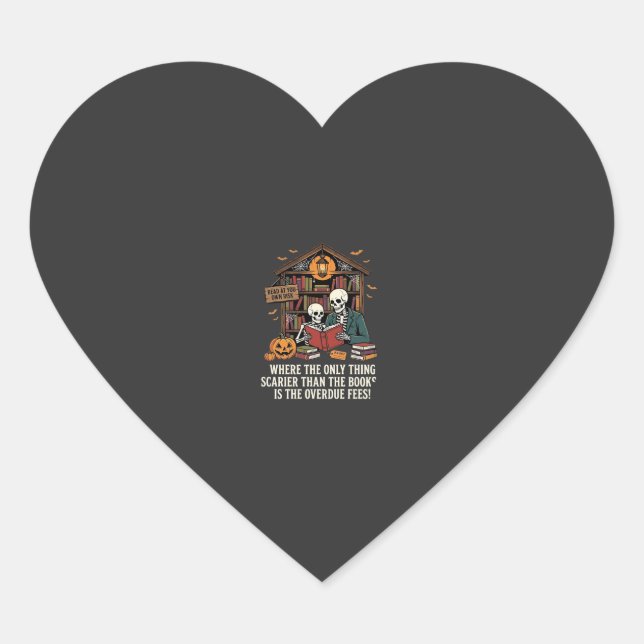 Funny Book Lover Halloween Skeleton Library Design Heart Sticker (Front)