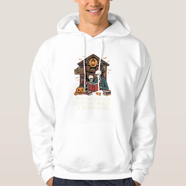 Funny Book Lover Halloween Skeleton Library Design Hoodie (Front)