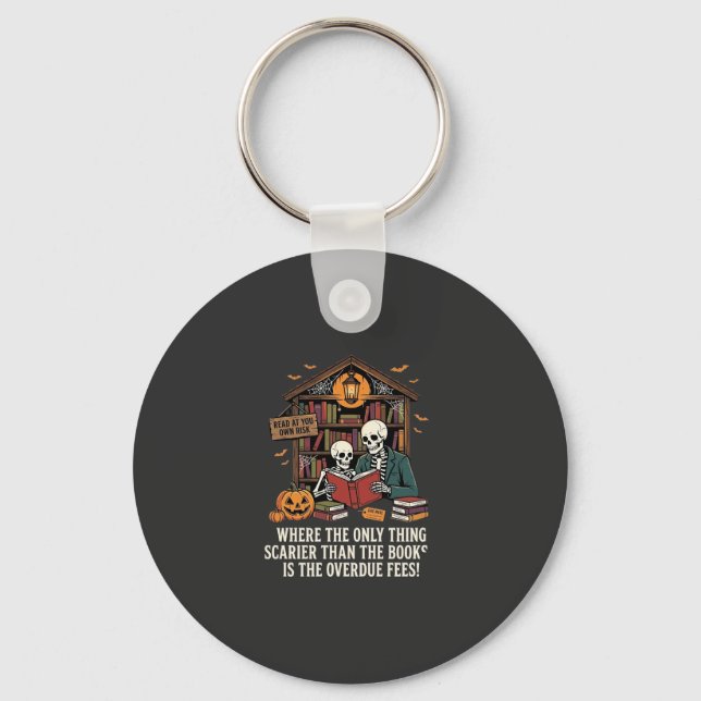 Funny Book Lover Halloween Skeleton Library Design Key Ring (Front)