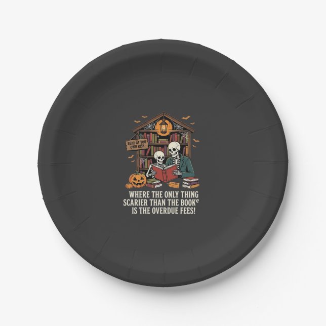 Funny Book Lover Halloween Skeleton Library Design Paper Plate (Front)