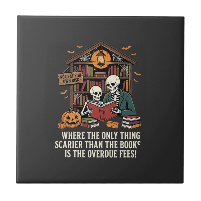 Funny Book Lover Halloween Skeleton Library Design Tile (Front)