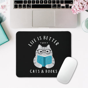 Funny Book Lover Reading Cat Mouse Pad