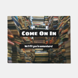 Funny book lovers welcome with stacks of books doormat