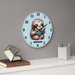 Funny book nerd sloth add text large clock