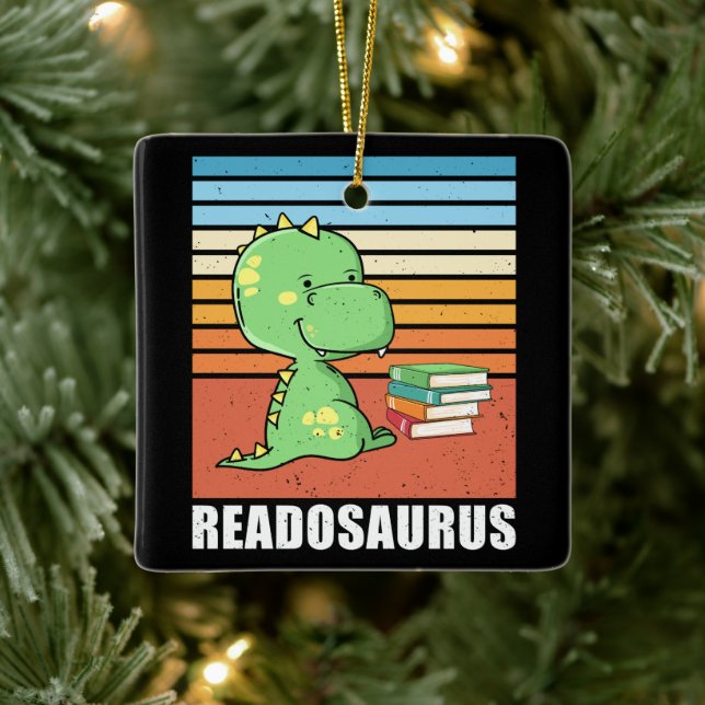 Funny Book Readosaurus Dinosaur Reading Dino Retro Ceramic Ornament (Tree)