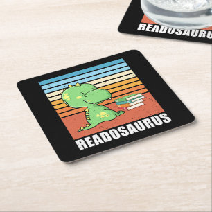 Funny Book Readosaurus Dinosaur Reading Dino Retro Square Paper Coaster