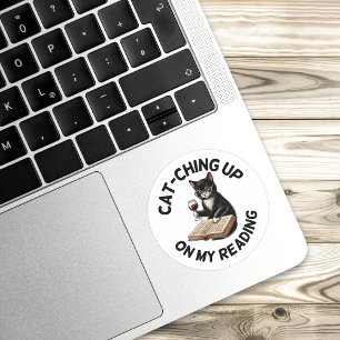 Funny Bookish Drinking Cat Reading Classic Round Sticker