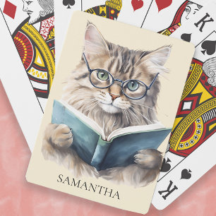Funny Bookworm Cat Glasses Monogram Name Playing Cards